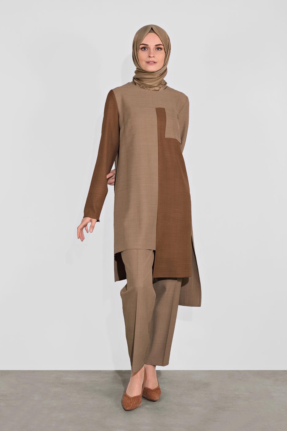 Tesettür giyim KAHVE ALVİNA  RENK BLOKLU İKİLİ PANT. TAKIM 41115 