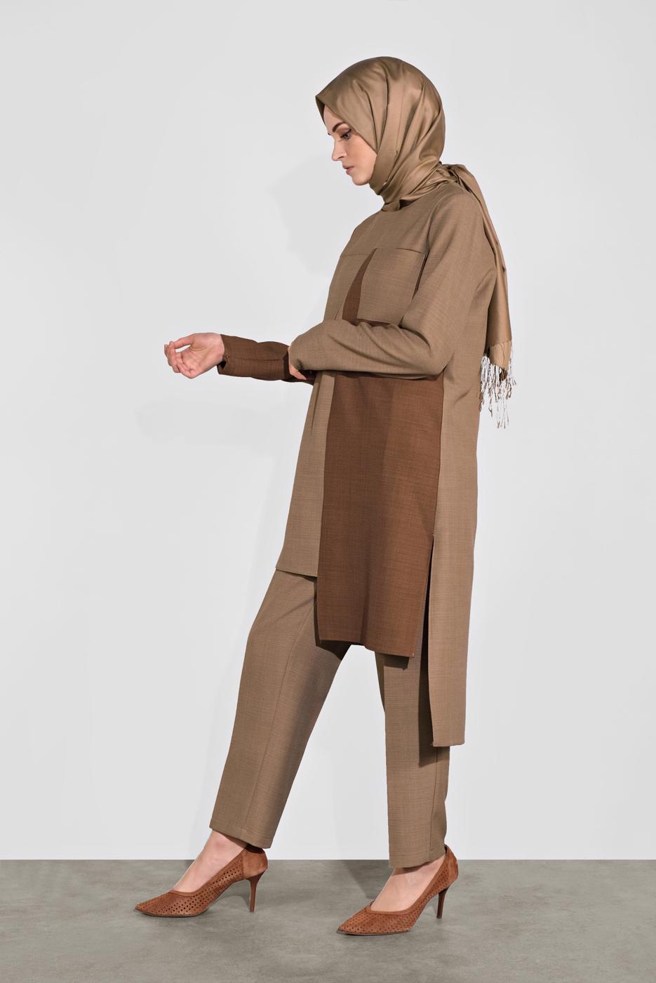 Tesettür giyim KAHVE ALVİNA  RENK BLOKLU İKİLİ PANT. TAKIM 41115 