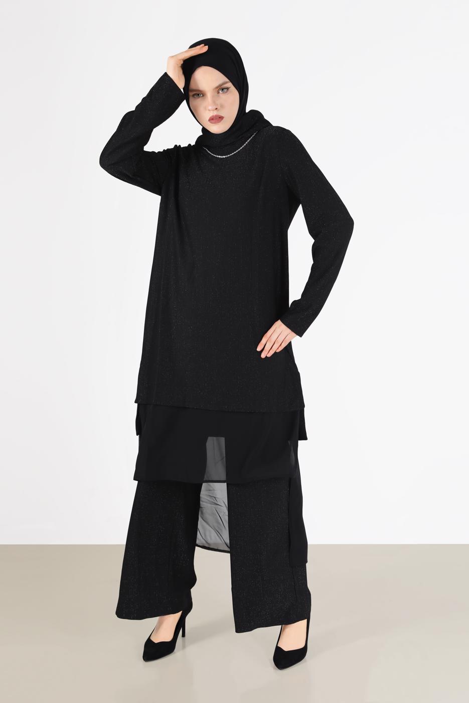 Tesettür giyim SİYAH ALVİNA ASİMETRİK KESİM SİMLİ İKİLİ PANT. TAKIM 41181 