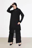 Tesettür giyim SİYAH ALVİNA ASİMETRİK KESİM SİMLİ İKİLİ PANT. TAKIM 41181 