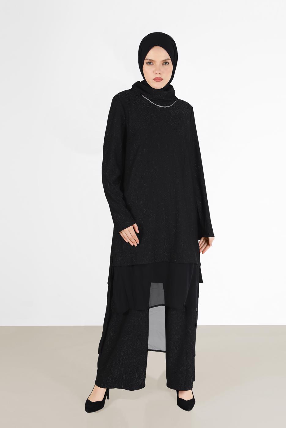 Tesettür giyim SİYAH ALVİNA ASİMETRİK KESİM SİMLİ İKİLİ PANT. TAKIM 41181 