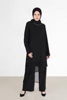 Tesettür giyim SİYAH ALVİNA ASİMETRİK KESİM SİMLİ İKİLİ PANT. TAKIM 41181 