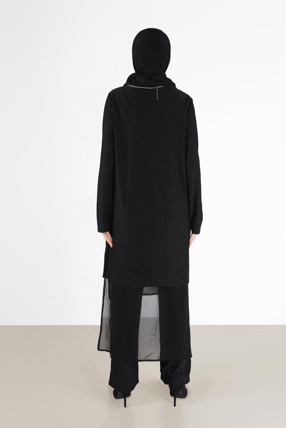 Tesettür giyim SİYAH ALVİNA ASİMETRİK KESİM SİMLİ İKİLİ PANT. TAKIM 41181 