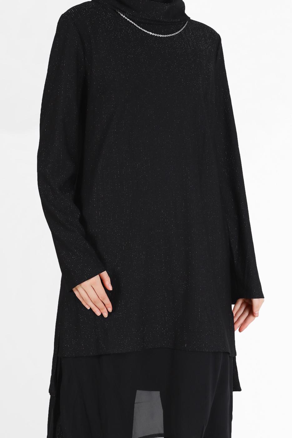 Tesettür giyim SİYAH ALVİNA ASİMETRİK KESİM SİMLİ İKİLİ PANT. TAKIM 41181 