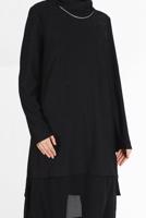 Tesettür giyim SİYAH ALVİNA ASİMETRİK KESİM SİMLİ İKİLİ PANT. TAKIM 41181 