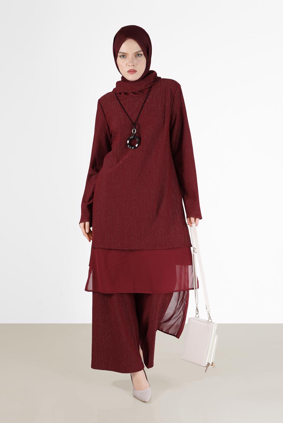 Tesettür giyim BORDO ALVİNA ASİMETRİK KESİM SİMLİ İKİLİ PANT. TAKIM 41181 