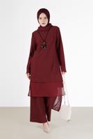 Tesettür giyim BORDO ALVİNA ASİMETRİK KESİM SİMLİ İKİLİ PANT. TAKIM 41181 