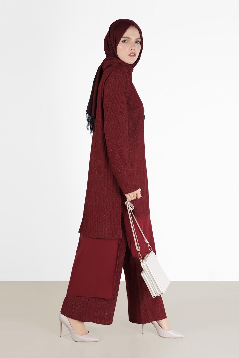 Tesettür giyim BORDO ALVİNA ASİMETRİK KESİM SİMLİ İKİLİ PANT. TAKIM 41181 