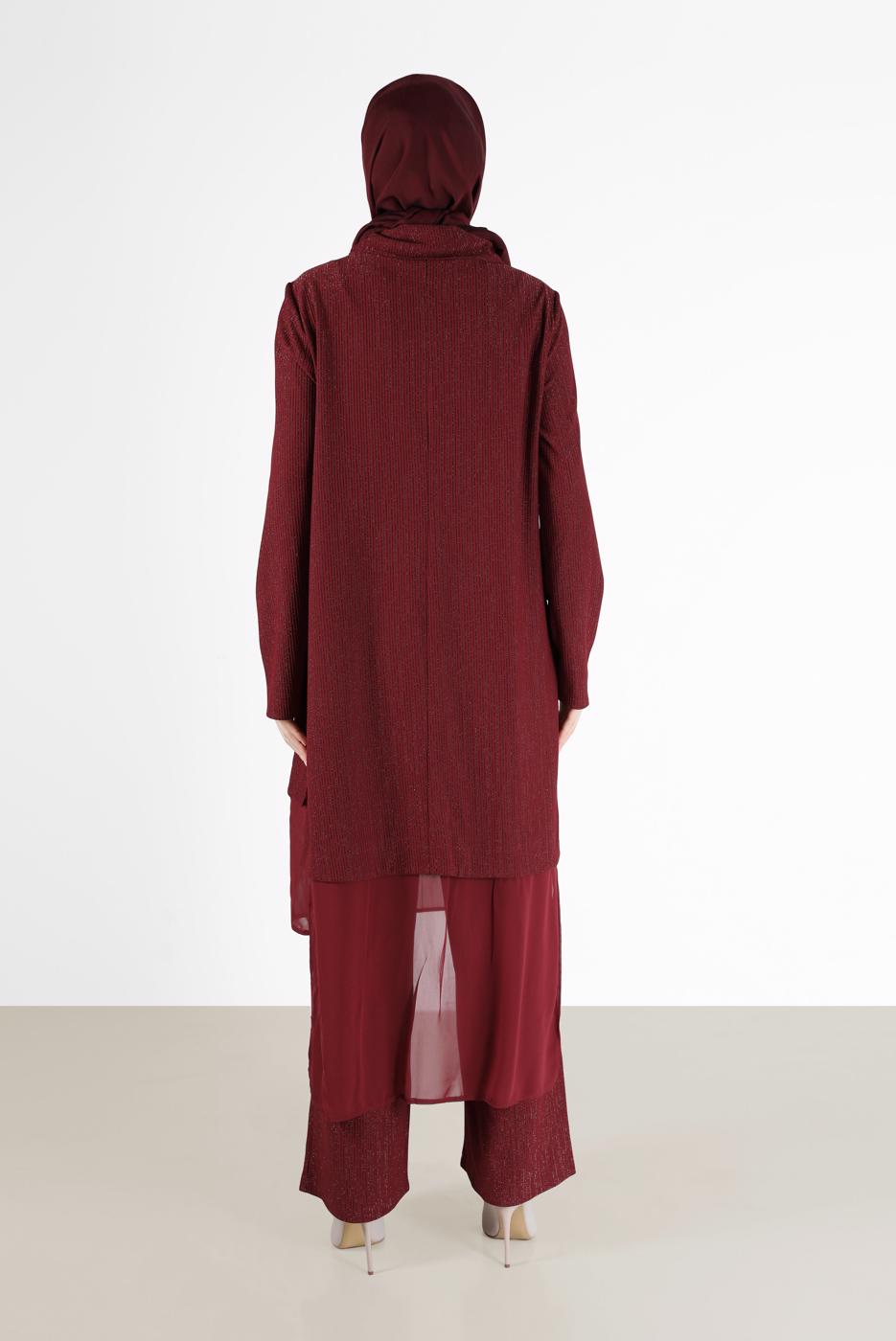 Tesettür giyim BORDO ALVİNA ASİMETRİK KESİM SİMLİ İKİLİ PANT. TAKIM 41181 