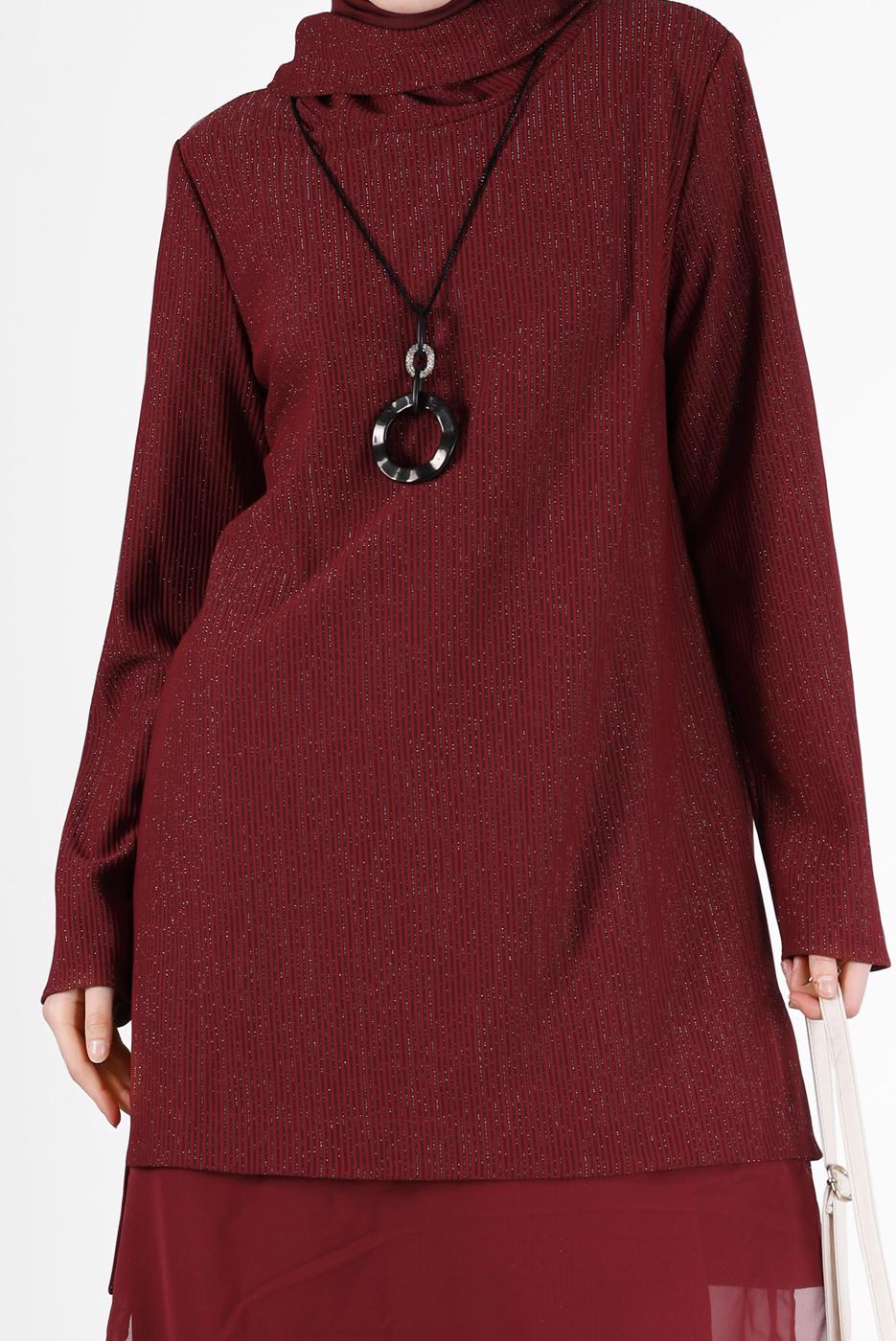 Tesettür giyim BORDO ALVİNA ASİMETRİK KESİM SİMLİ İKİLİ PANT. TAKIM 41181 