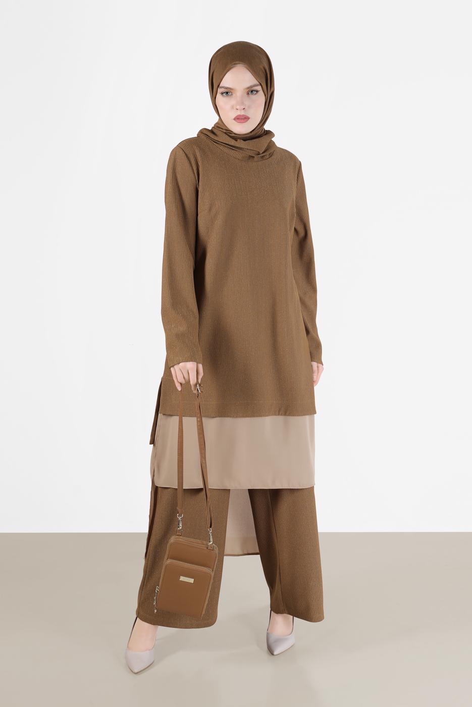 Tesettür giyim KAHVE ALVİNA ASİMETRİK KESİM SİMLİ İKİLİ PANT. TAKIM 41181 