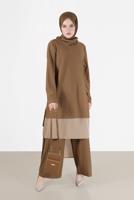 Tesettür giyim KAHVE ALVİNA ASİMETRİK KESİM SİMLİ İKİLİ PANT. TAKIM 41181 