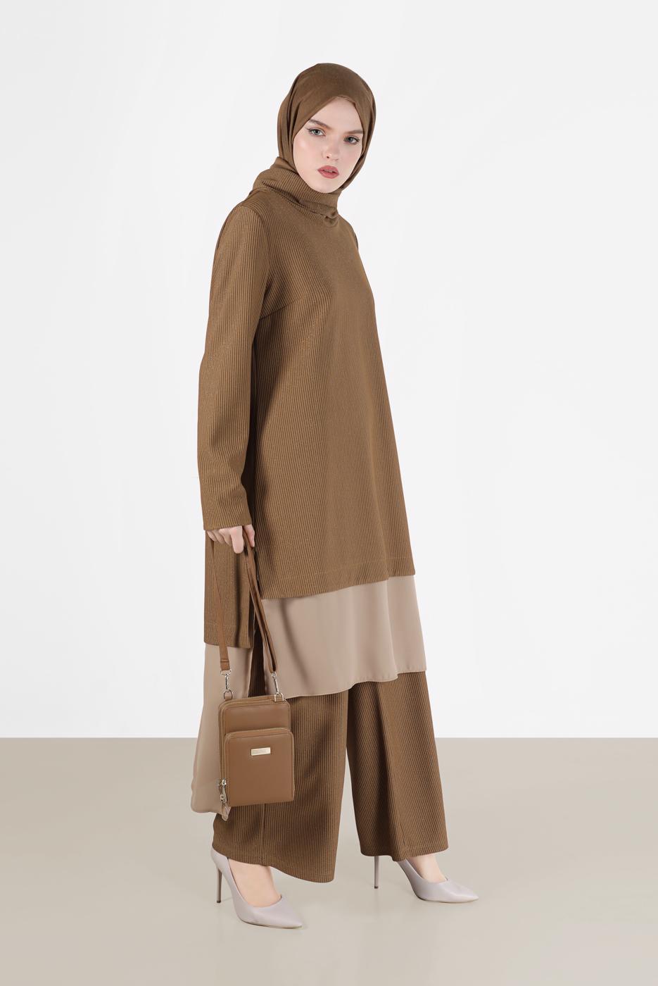 Tesettür giyim KAHVE ALVİNA ASİMETRİK KESİM SİMLİ İKİLİ PANT. TAKIM 41181 