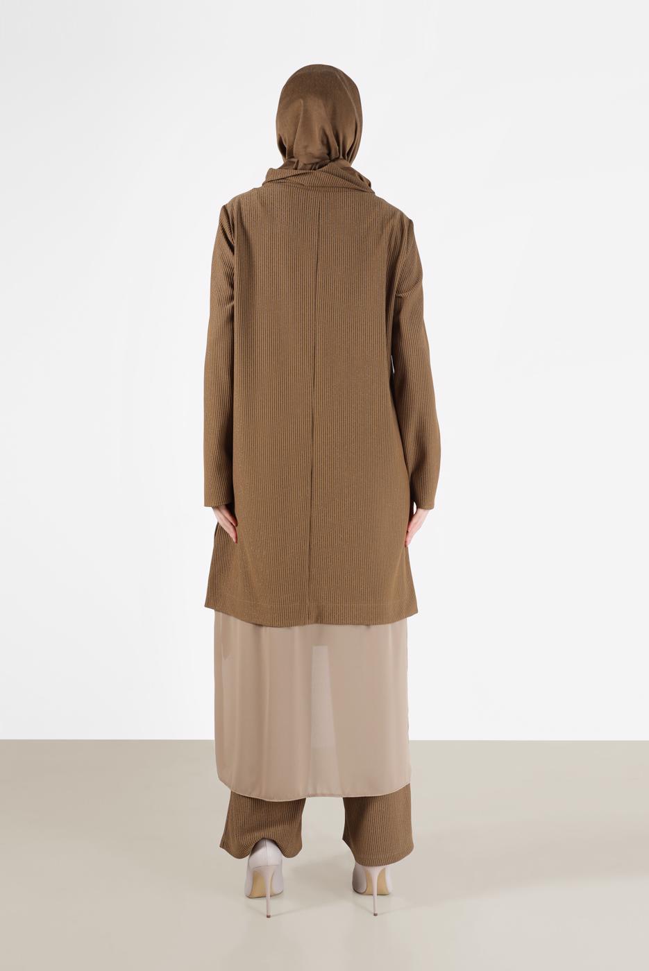 Tesettür giyim KAHVE ALVİNA ASİMETRİK KESİM SİMLİ İKİLİ PANT. TAKIM 41181 