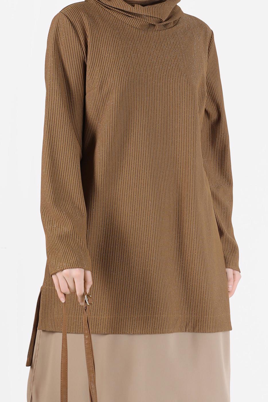 Tesettür giyim KAHVE ALVİNA ASİMETRİK KESİM SİMLİ İKİLİ PANT. TAKIM 41181 