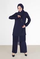 Tesettür giyim LACİVERT ALVİNA ASİMETRİK KESİM SİMLİ İKİLİ PANT. TAKIM 41181 