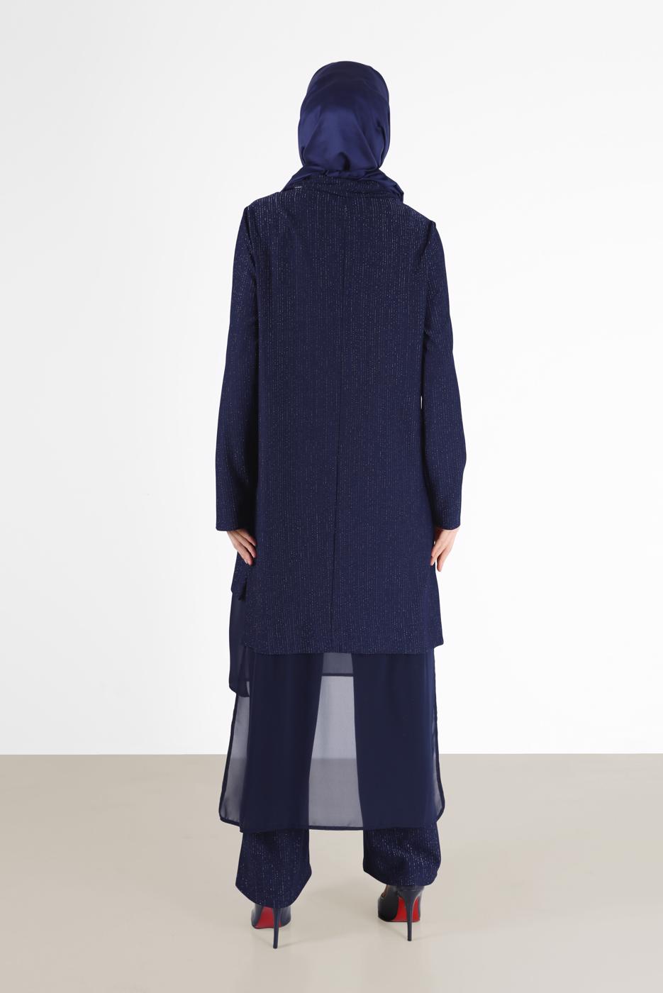 Tesettür giyim LACİVERT ALVİNA ASİMETRİK KESİM SİMLİ İKİLİ PANT. TAKIM 41181 