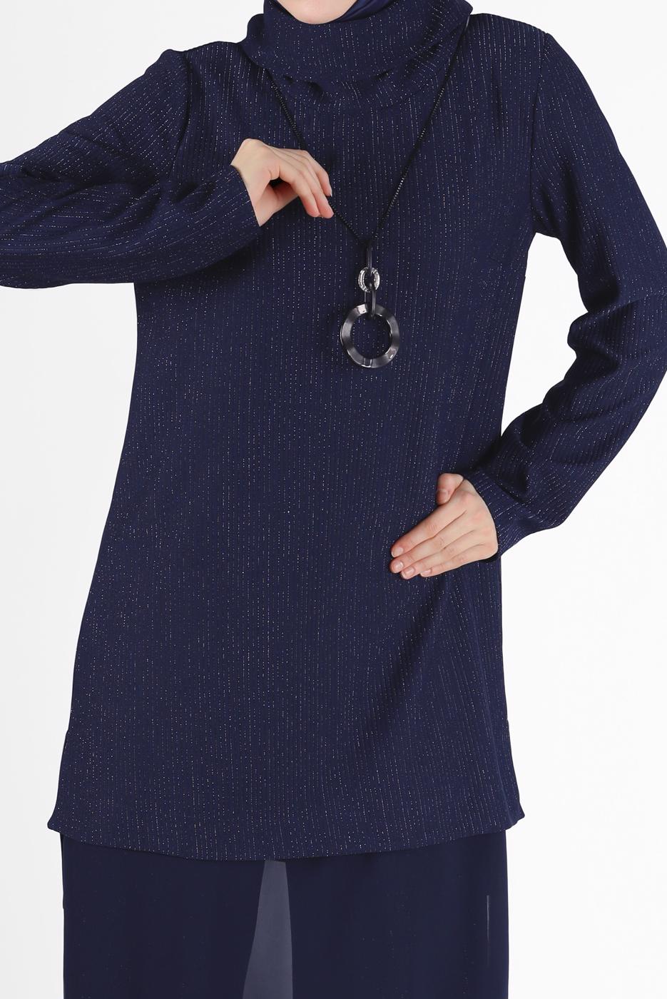 Tesettür giyim LACİVERT ALVİNA ASİMETRİK KESİM SİMLİ İKİLİ PANT. TAKIM 41181 