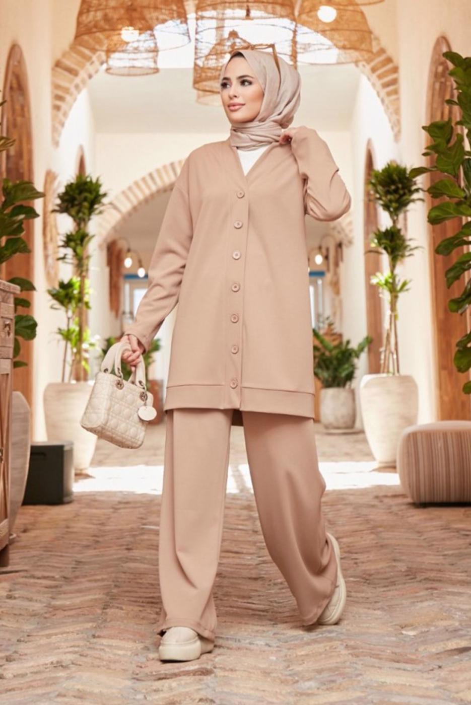 Hijab clothing BROWN BUTTONED BASIC 2-PIECE PANTS SUIT 4503 