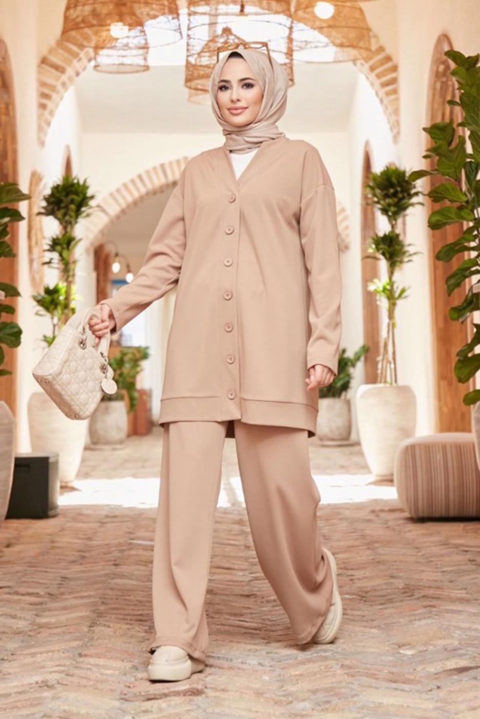 Hijab clothing BROWN BUTTONED BASIC 2-PIECE PANTS SUIT 4503 