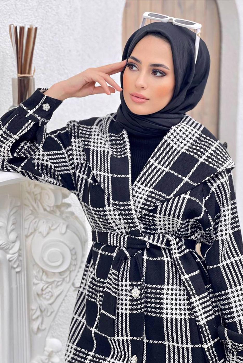 Tesettür giyim SİYAH KRUVAZE YAKA KUŞAKLI EKOSE 2&prime;Lİ PANT. TAKIM 4520 