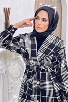 Tesettür giyim SİYAH KRUVAZE YAKA KUŞAKLI EKOSE 2&prime;Lİ PANT. TAKIM 4520 