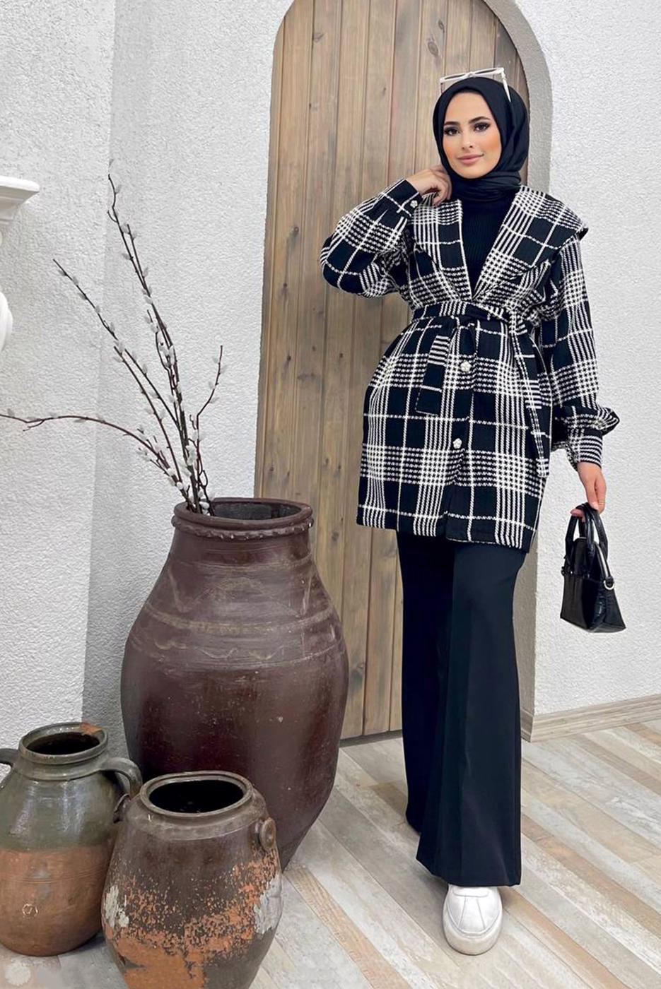 Tesettür giyim SİYAH KRUVAZE YAKA KUŞAKLI EKOSE 2&prime;Lİ PANT. TAKIM 4520 