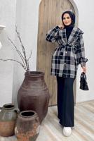 Tesettür giyim SİYAH KRUVAZE YAKA KUŞAKLI EKOSE 2&prime;Lİ PANT. TAKIM 4520 