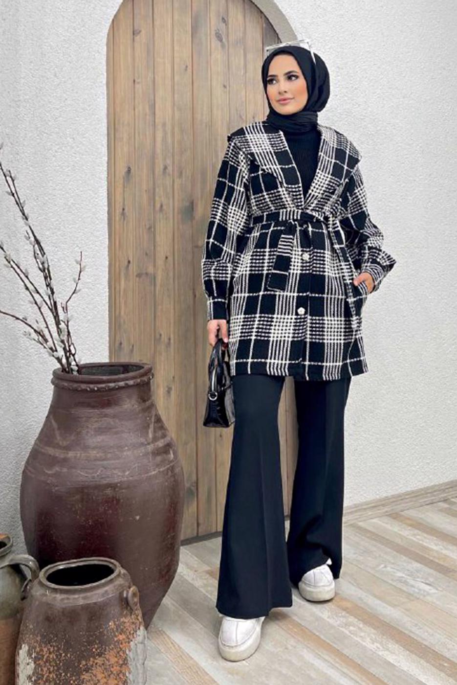 Tesettür giyim SİYAH KRUVAZE YAKA KUŞAKLI EKOSE 2&prime;Lİ PANT. TAKIM 4520 