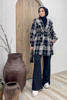 Tesettür giyim SİYAH KRUVAZE YAKA KUŞAKLI EKOSE 2&prime;Lİ PANT. TAKIM 4520 