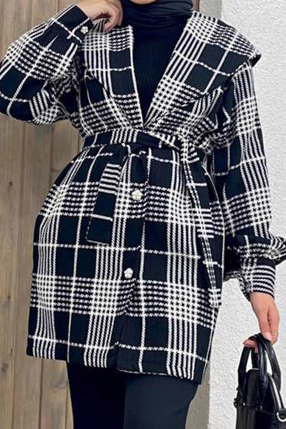 Tesettür giyim SİYAH KRUVAZE YAKA KUŞAKLI EKOSE 2&prime;Lİ PANT. TAKIM 4520 