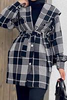 Tesettür giyim SİYAH KRUVAZE YAKA KUŞAKLI EKOSE 2&prime;Lİ PANT. TAKIM 4520 