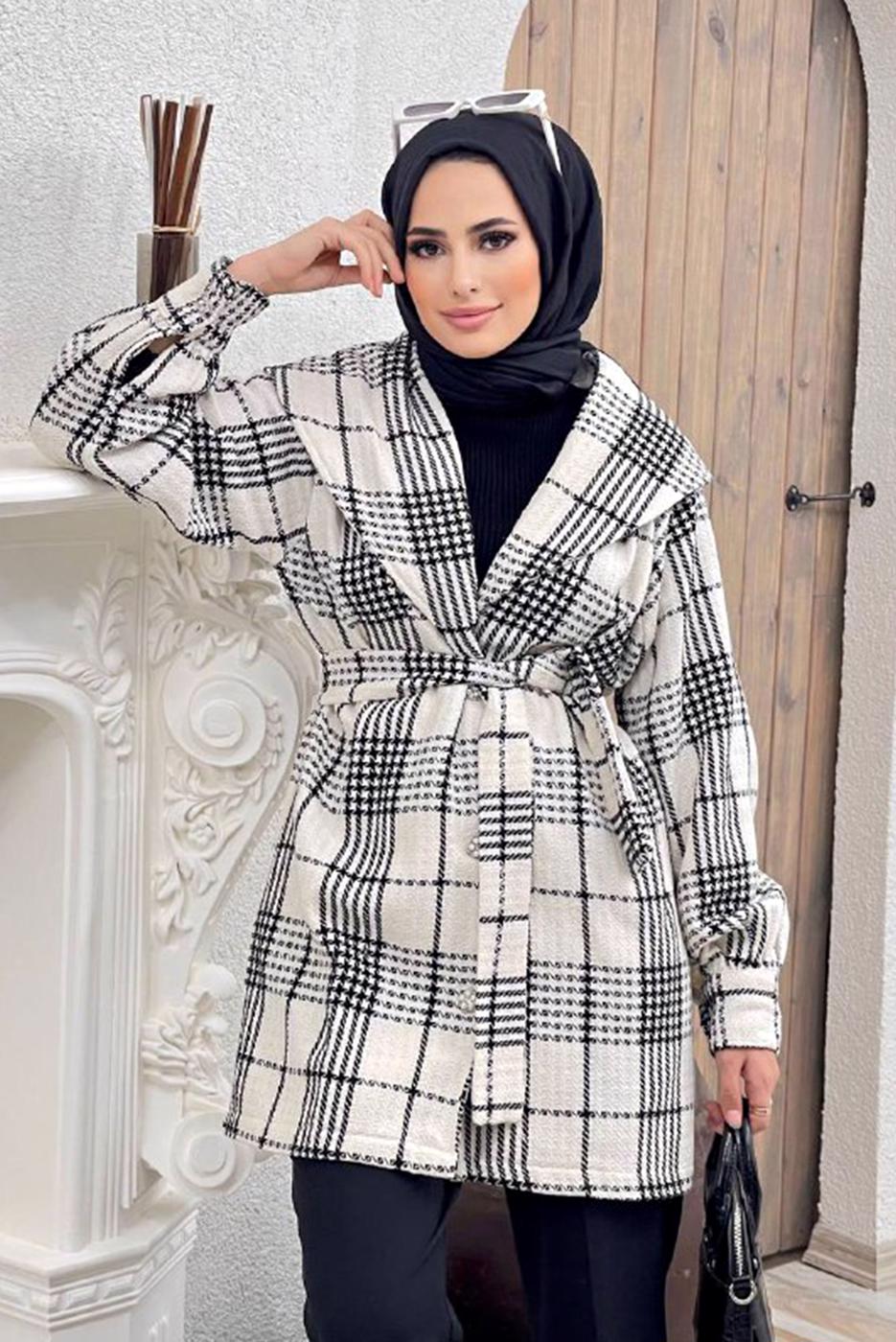 Tesettür giyim BEYAZ KRUVAZE YAKA KUŞAKLI EKOSE 2&prime;Lİ PANT. TAKIM 4520 