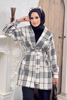 Tesettür giyim BEYAZ KRUVAZE YAKA KUŞAKLI EKOSE 2&prime;Lİ PANT. TAKIM 4520 