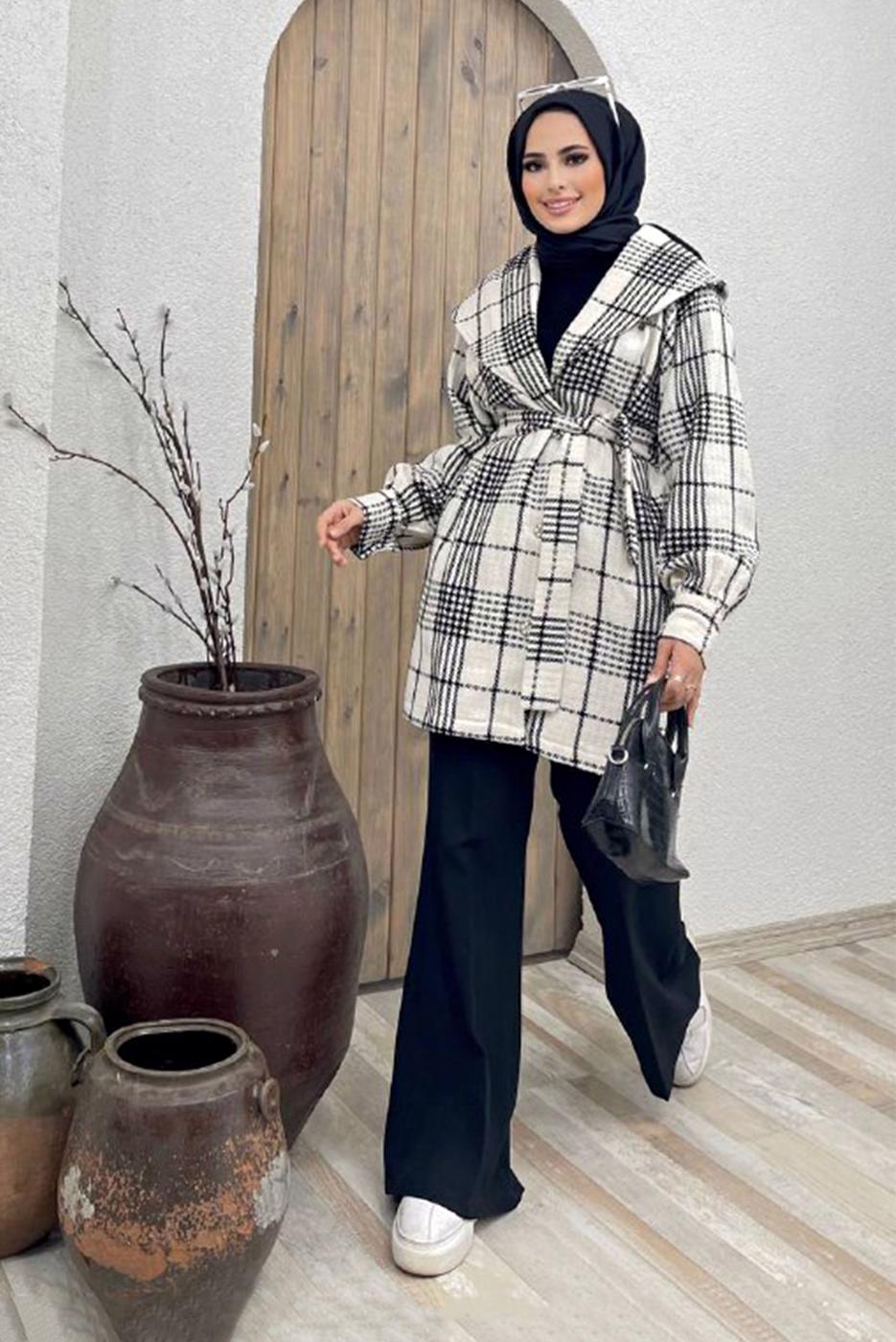 Tesettür giyim BEYAZ KRUVAZE YAKA KUŞAKLI EKOSE 2&prime;Lİ PANT. TAKIM 4520 