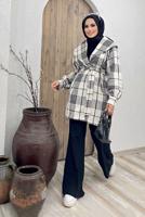 Tesettür giyim BEYAZ KRUVAZE YAKA KUŞAKLI EKOSE 2&prime;Lİ PANT. TAKIM 4520 