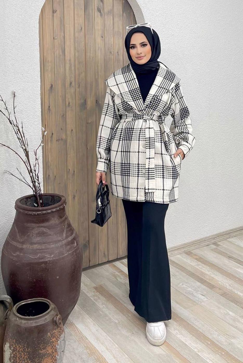 Tesettür giyim BEYAZ KRUVAZE YAKA KUŞAKLI EKOSE 2&prime;Lİ PANT. TAKIM 4520 