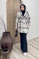 Tesettür giyim BEYAZ KRUVAZE YAKA KUŞAKLI EKOSE 2&prime;Lİ PANT. TAKIM 4520 