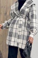 Tesettür giyim BEYAZ KRUVAZE YAKA KUŞAKLI EKOSE 2&prime;Lİ PANT. TAKIM 4520 