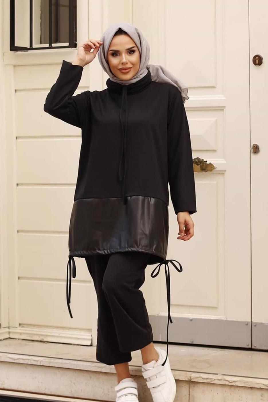 Hijab clothing BLACK PANTS SUIT WITH SMOCKING HEM 5107 