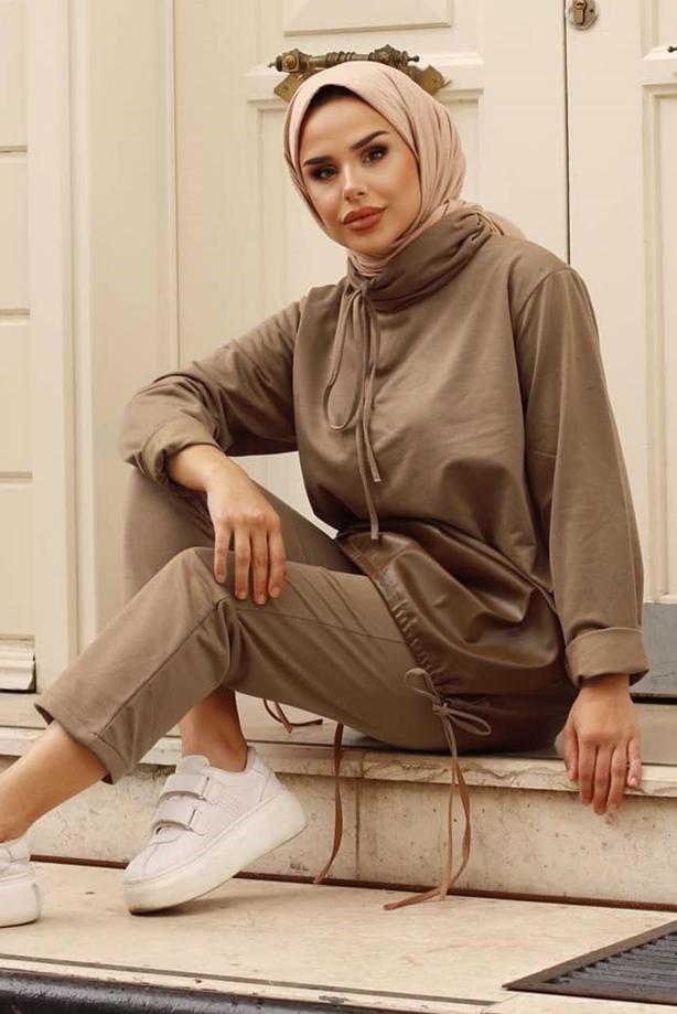 Tesettür giyim  ETEK UCU BÜZGÜLÜ PANT. TAKIM 5107  - TRENDTESETTÜR