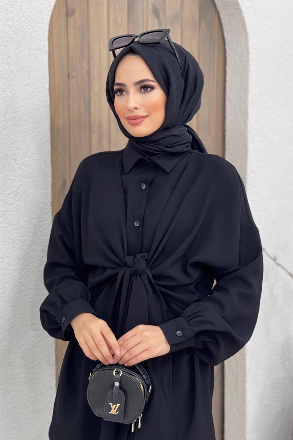 Tesettür giyim SİYAH BELDEN BAĞLAMALI İKİLİ PANT. TAKIM 5120 