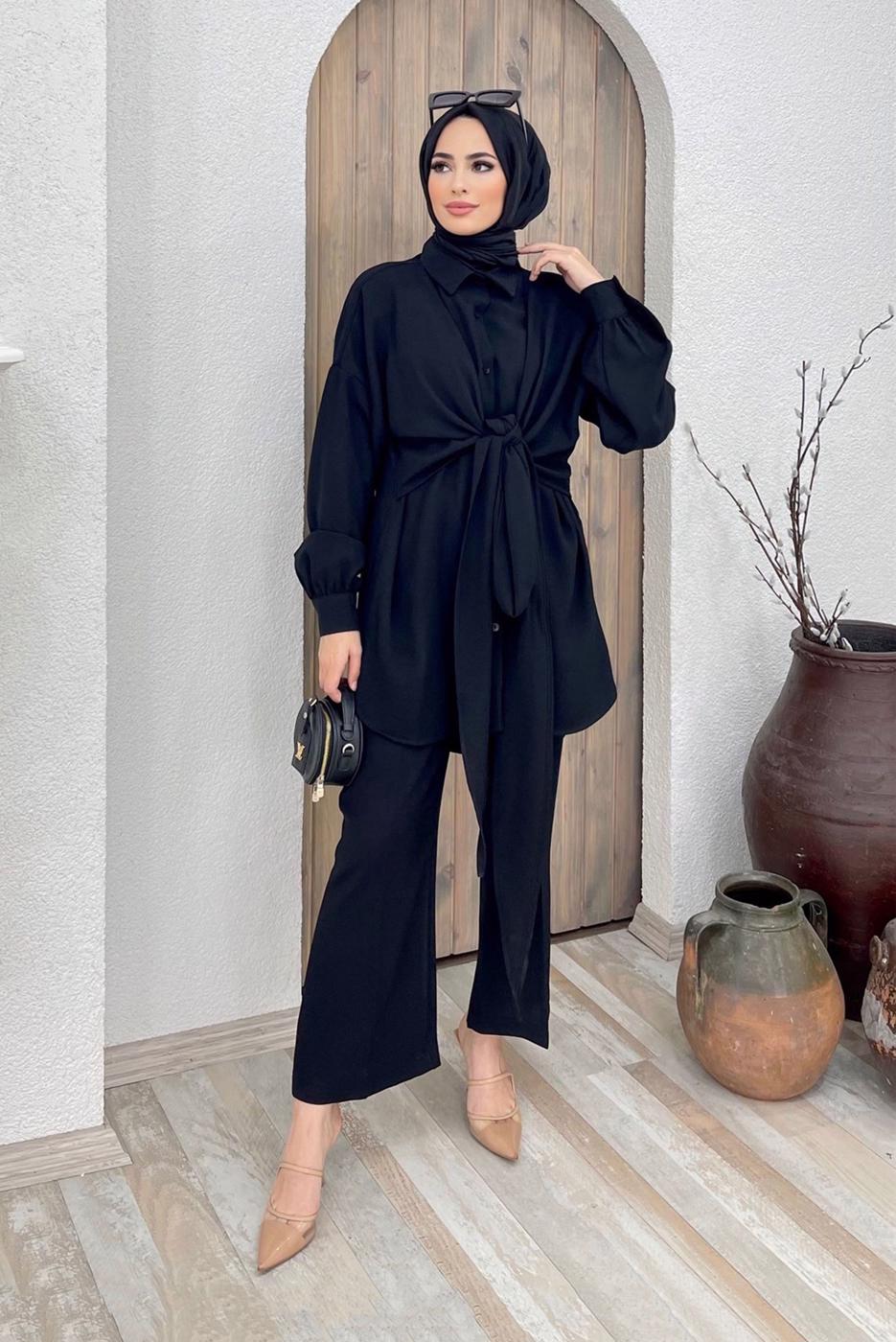 Tesettür giyim SİYAH BELDEN BAĞLAMALI İKİLİ PANT. TAKIM 5120 