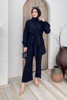 Tesettür giyim SİYAH BELDEN BAĞLAMALI İKİLİ PANT. TAKIM 5120 