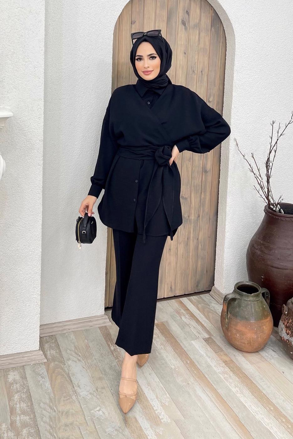 Tesettür giyim SİYAH BELDEN BAĞLAMALI İKİLİ PANT. TAKIM 5120 