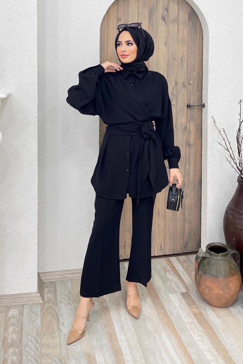 Tesettür giyim SİYAH BELDEN BAĞLAMALI İKİLİ PANT. TAKIM 5120 
