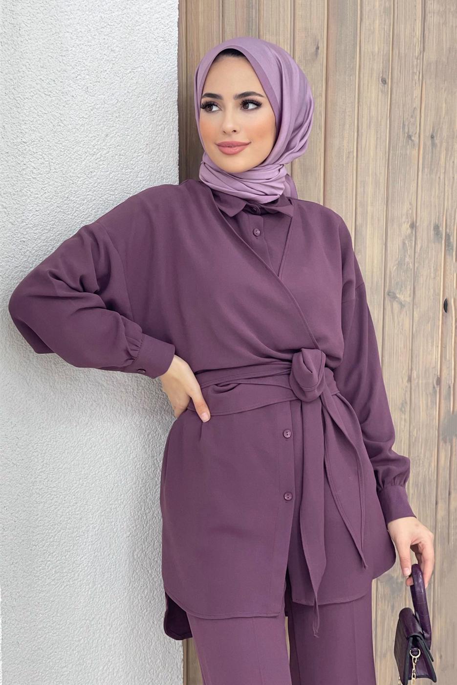 Tesettür giyim PEMBE BELDEN BAĞLAMALI İKİLİ PANT. TAKIM 5120 