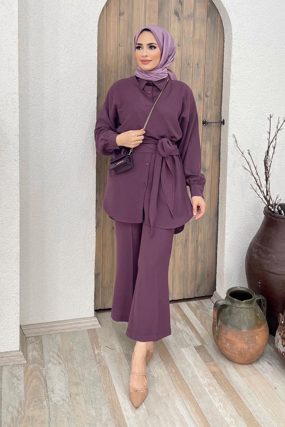 Tesettür giyim PEMBE BELDEN BAĞLAMALI İKİLİ PANT. TAKIM 5120 