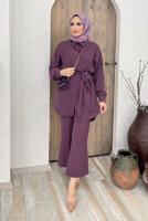 Tesettür giyim PEMBE BELDEN BAĞLAMALI İKİLİ PANT. TAKIM 5120 