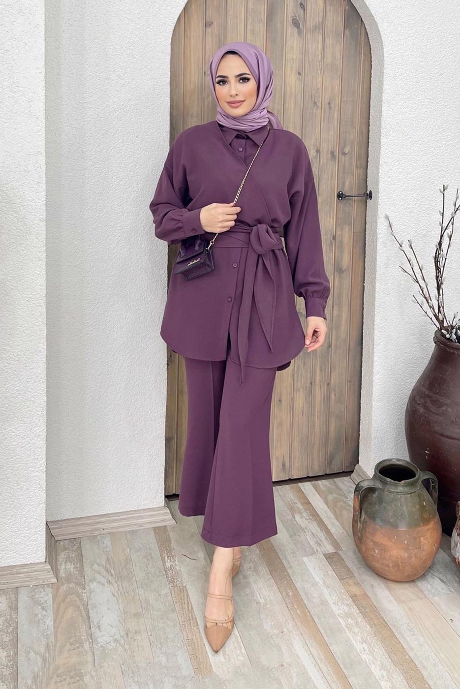 Tesettür giyim PEMBE BELDEN BAĞLAMALI İKİLİ PANT. TAKIM 5120 